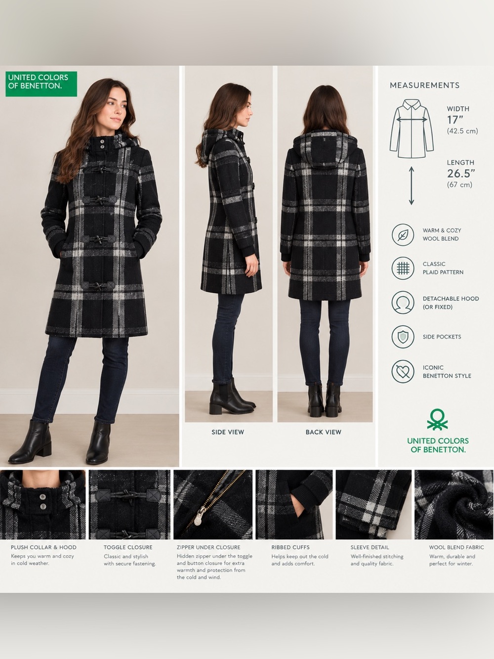 Women's Black & Gray& White Plaid Wool Hooded Toggle Coat